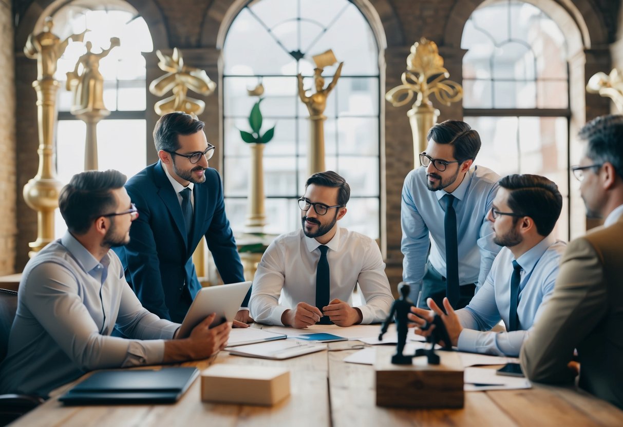 Um grupo de empreendedores discutindo estratégias de marketing e investimento em um ambiente histórico, cercado por símbolos de crescimento e sucesso.