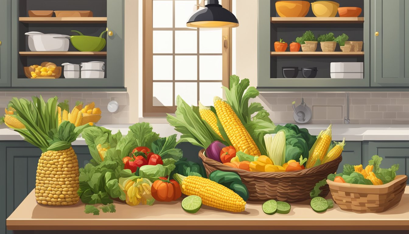 A kitchen pantry with a basket of fresh corn on the cob sitting on a shelf, surrounded by other vegetables and produce