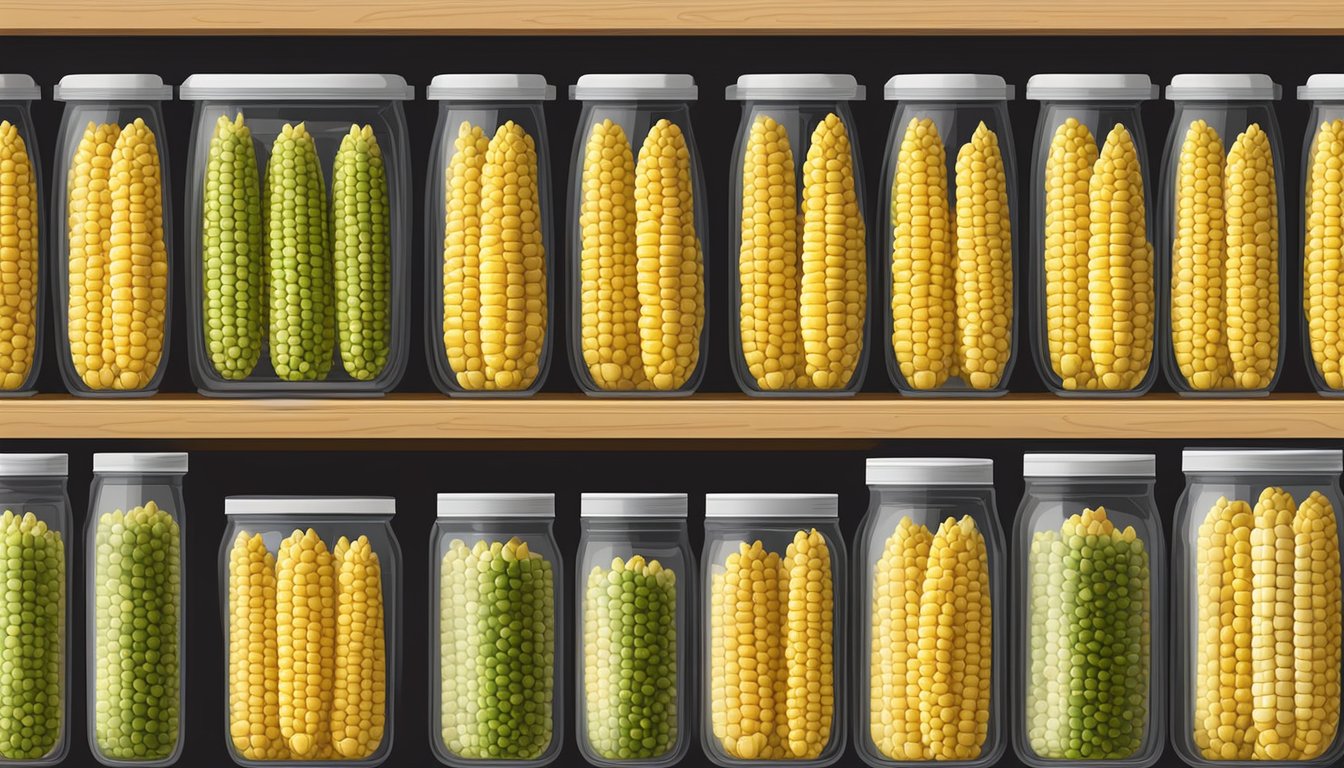 Fresh corn on the cob stored in airtight containers in a cool, dry pantry