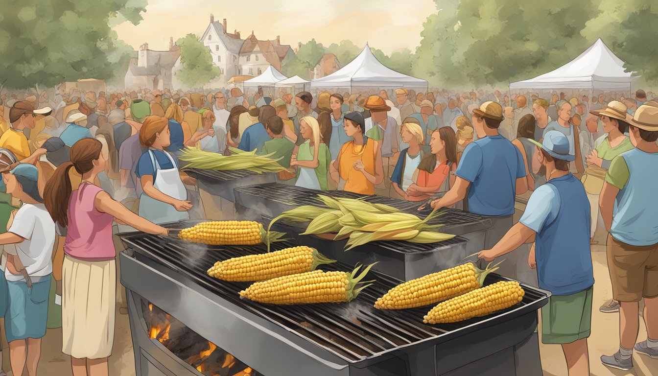 A row of corn on the cob being grilled on a large outdoor barbecue, with smoke rising and a crowd of people in the background