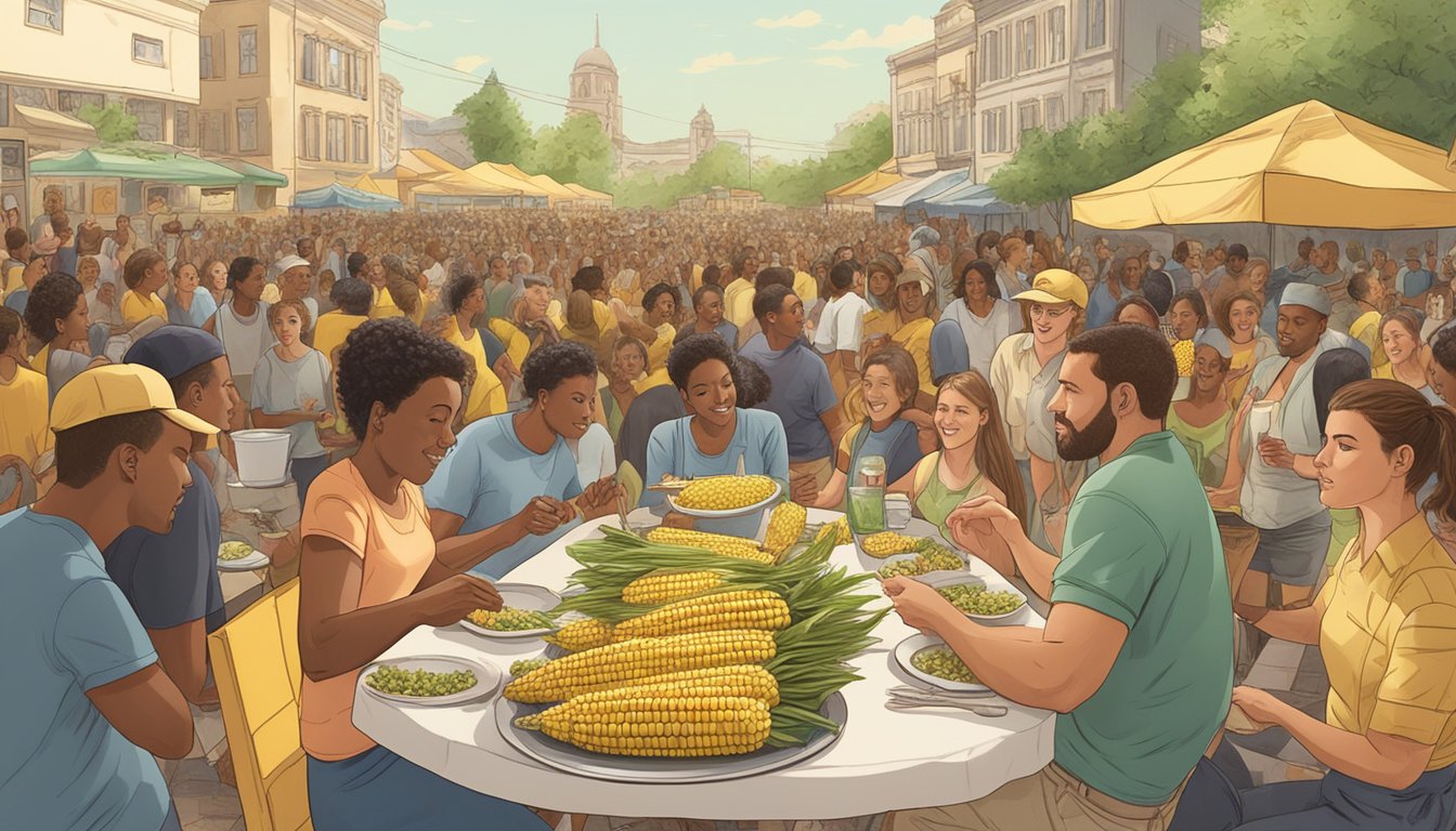 A large platter of grilled corn on the cob, garnished with butter and herbs, surrounded by a crowd of eager diners