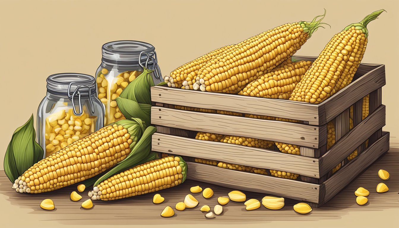 Fresh corn on the cob stored in a rustic wooden crate, surrounded by jars of pickled corn, and a basket of dried corn kernels