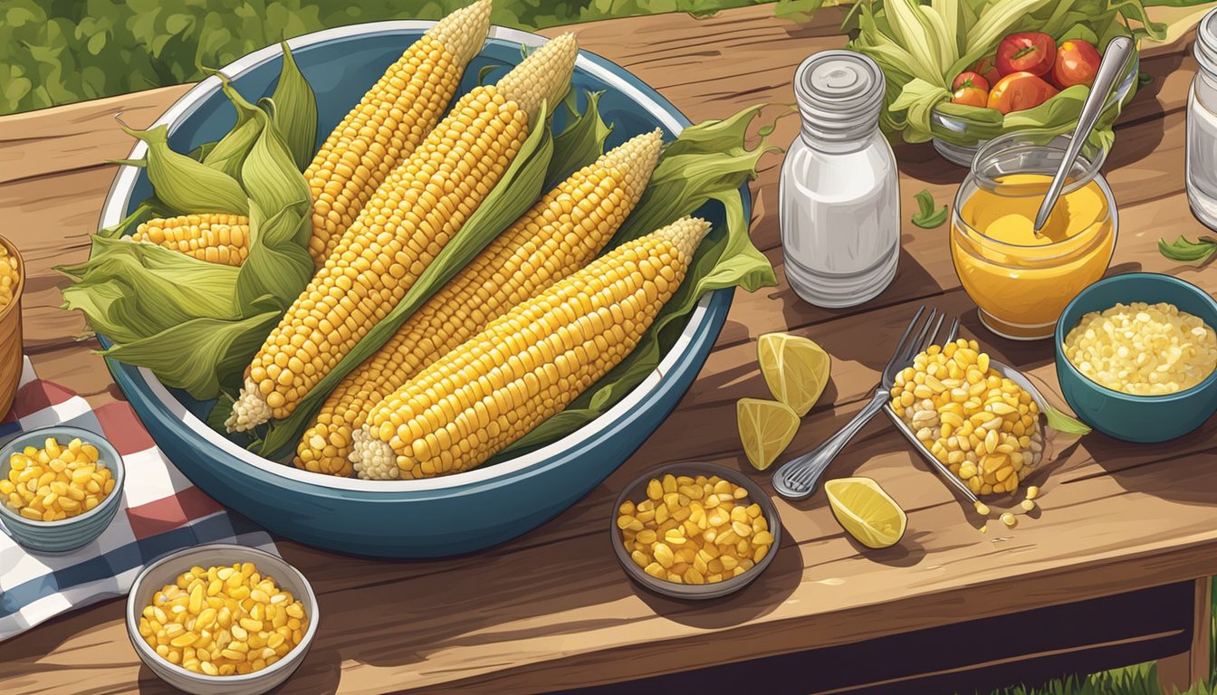 A large bowl of cooked corn on the cob surrounded by various toppings and serving utensils on a picnic table outdoors