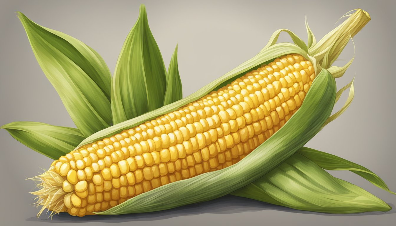 An ear of corn with husk pulled back, revealing golden kernels