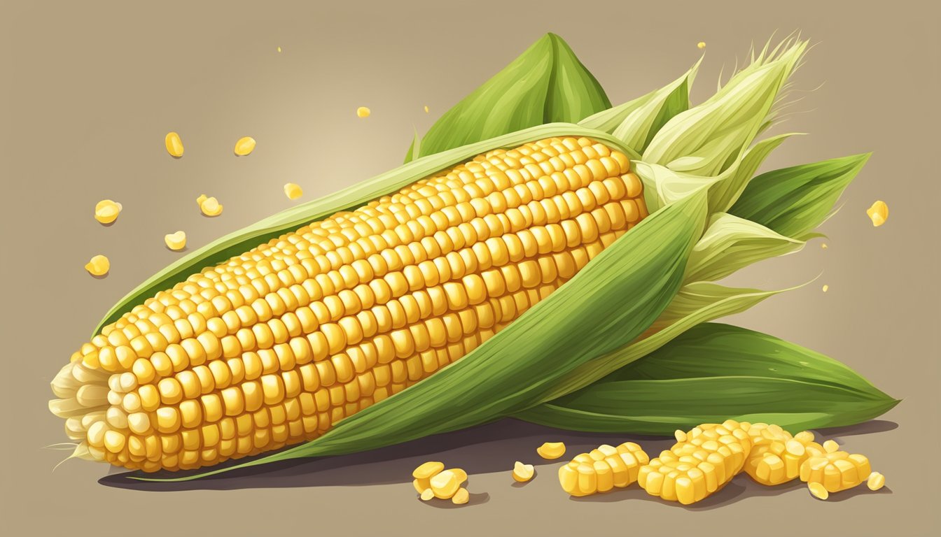 A golden ear of corn on the cob, with kernels being eaten by an unseen figure