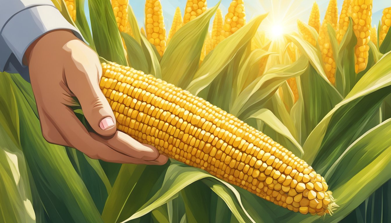 A hand reaching for a fresh, golden ear of corn, with kernels glistening in the sunlight