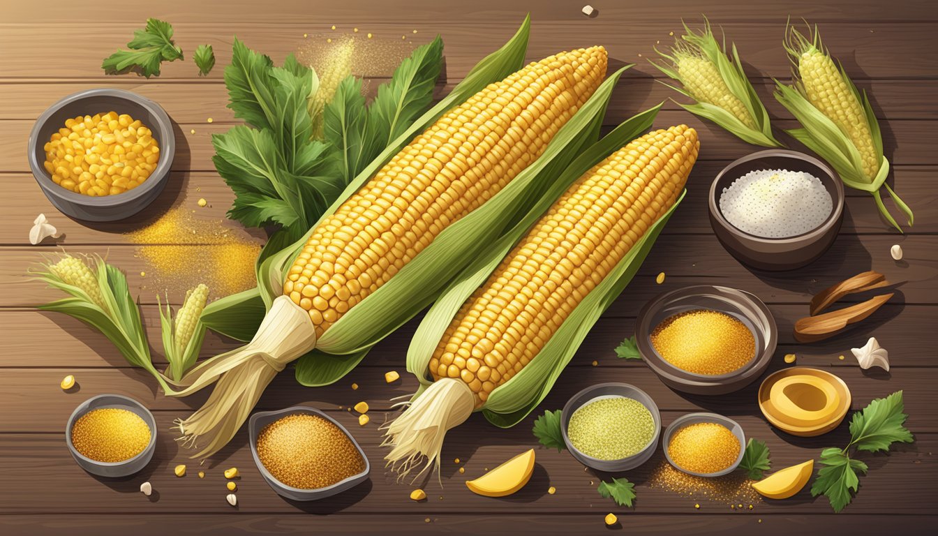 A husked corn on the cob with various seasonings and toppings scattered around it on a wooden table