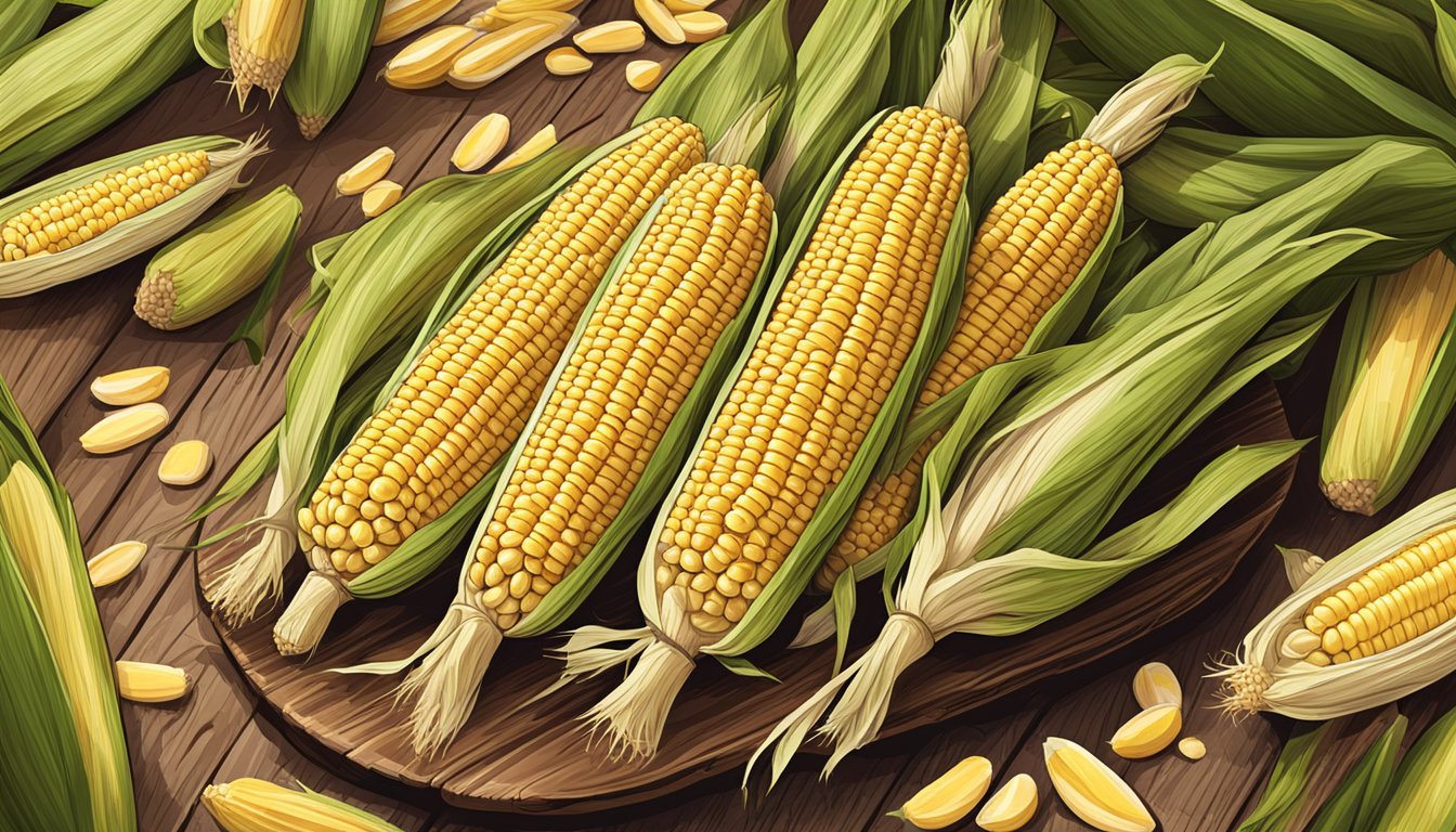 A rustic wooden table with a pile of fresh corn on the cob still in their husks, surrounded by scattered husks and a few scattered ears of corn