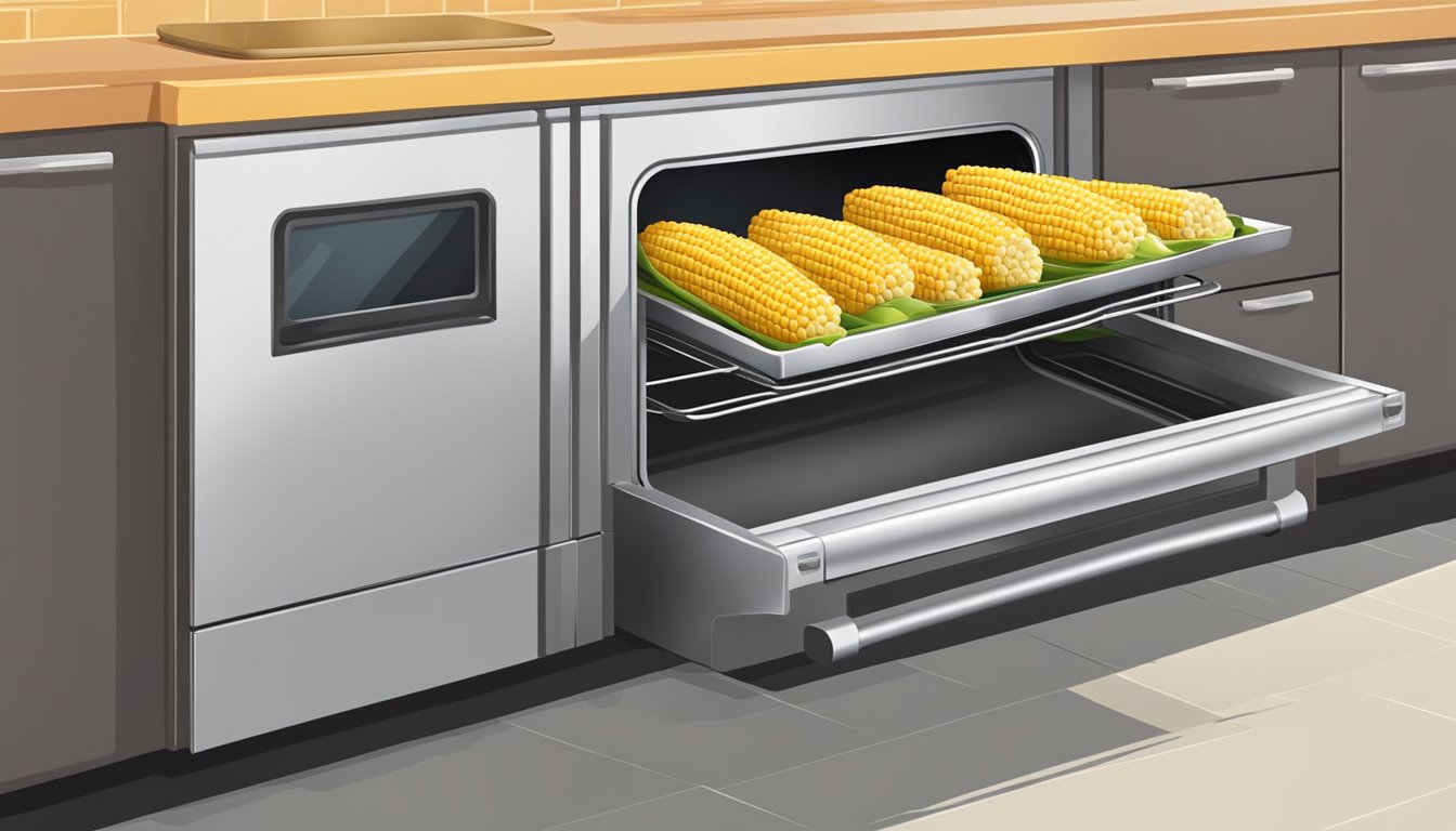 A fresh corn on the cob is placed on a baking tray inside a preheated oven. The oven door is closed, and the corn is left to cook