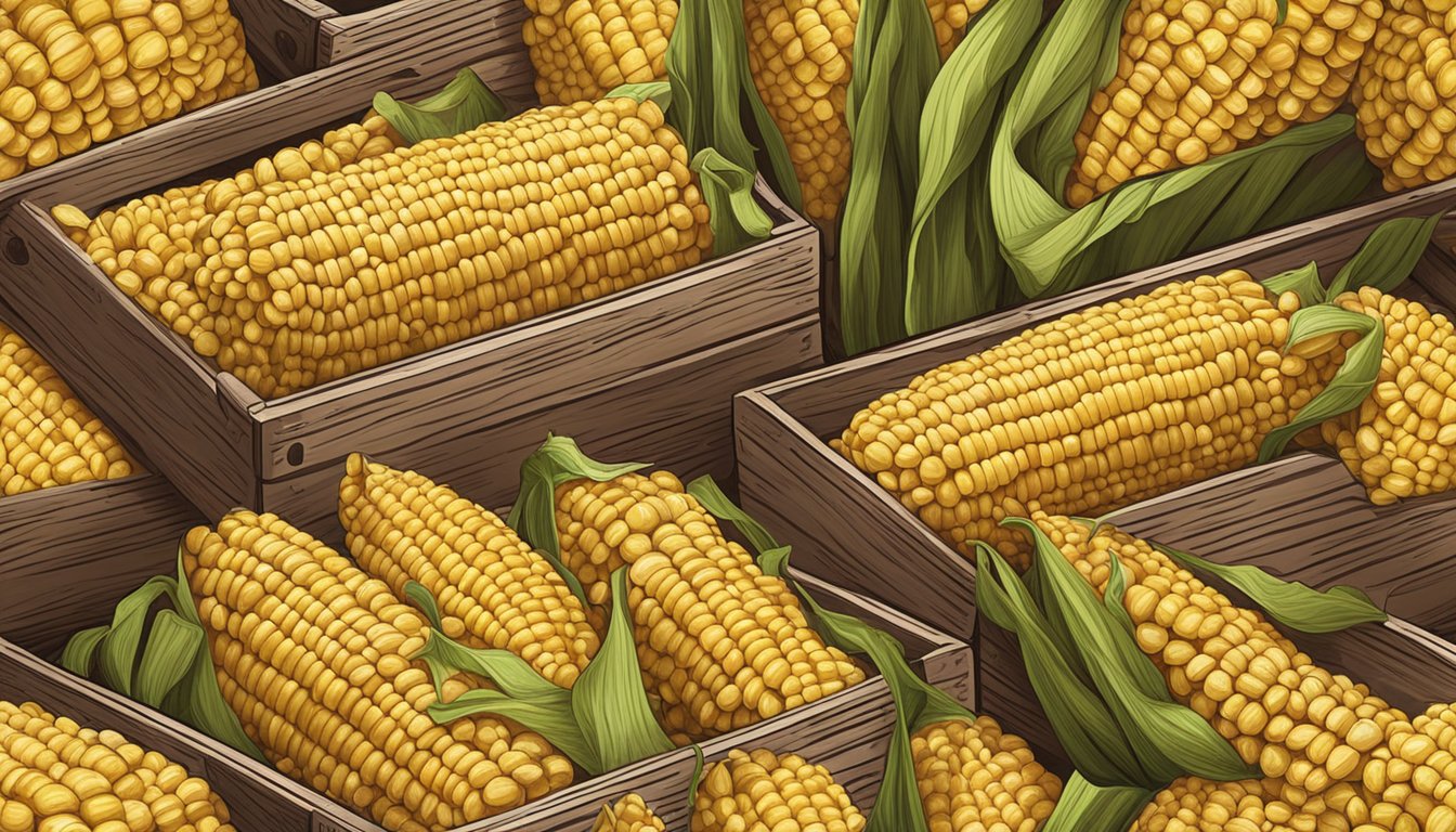 A pile of corn husks and leftover corn on the cob in a wooden storage crate