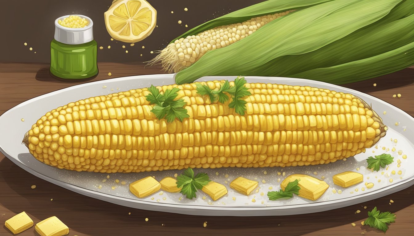 A steaming ear of corn being brushed with butter and sprinkled with seasoning before being devoured