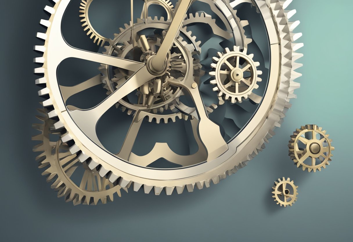 A pendulum swinging in front of a series of interconnected gears and cogs, each in motion and contributing to the overall movement
