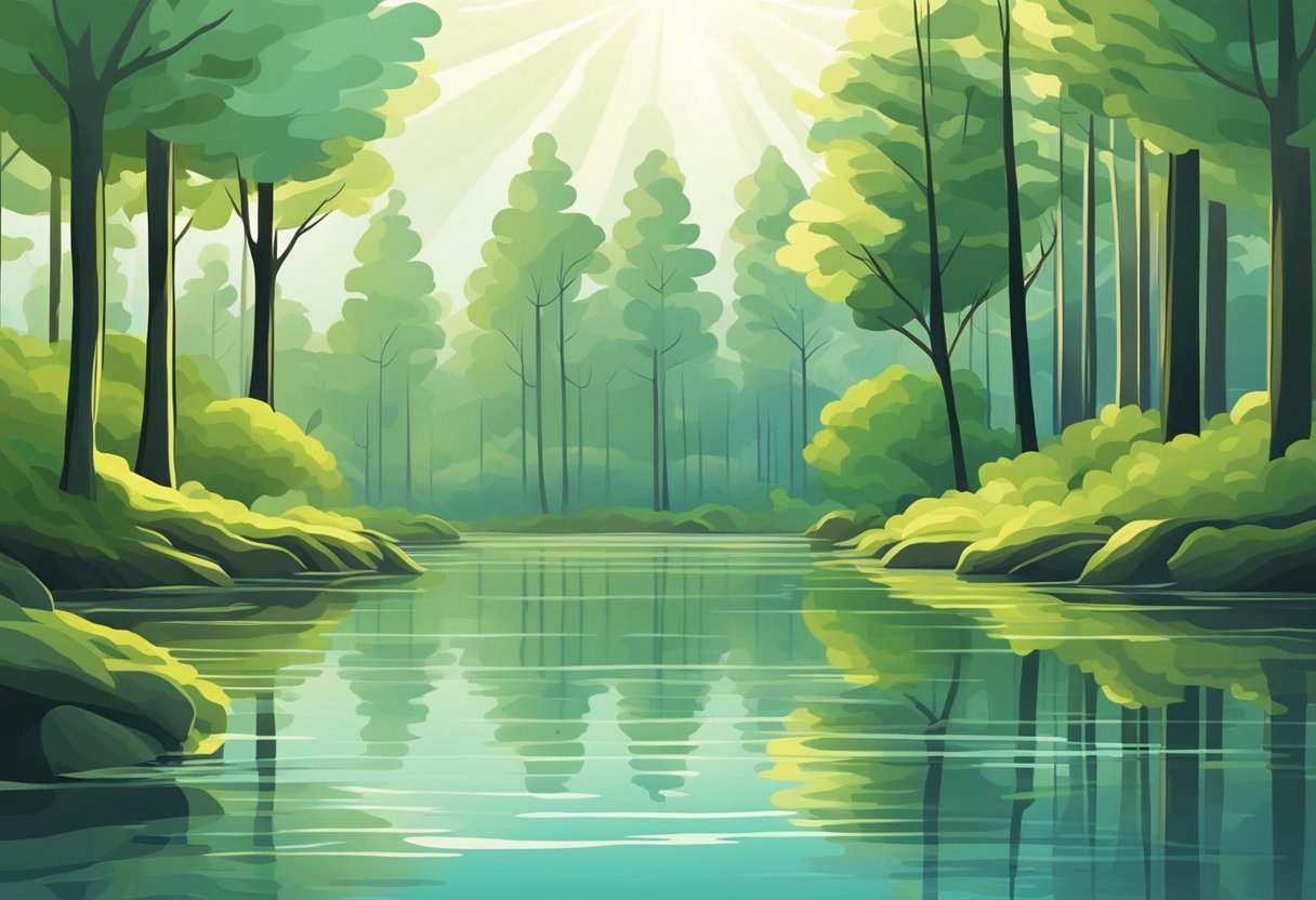 A serene forest with trees swaying in the wind, surrounded by calm waters reflecting the gentle ripples caused by the vibrations