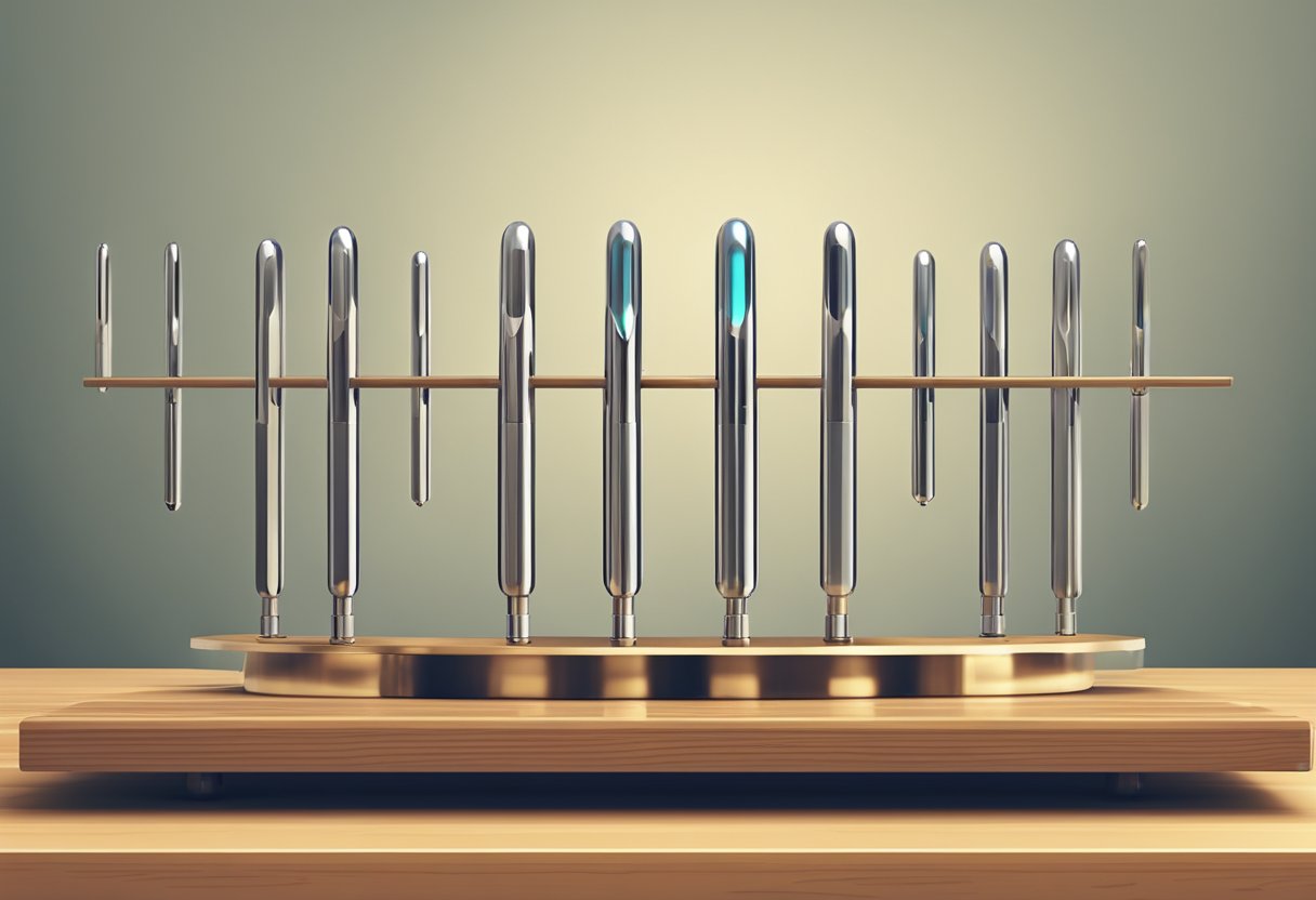 A pendulum swinging in front of a row of tuning forks on a wooden table
