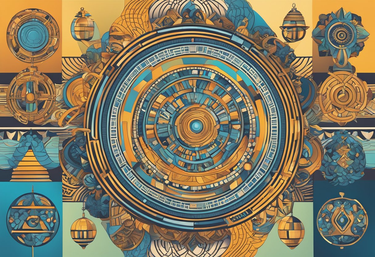 A group of diverse symbols and patterns intertwine, representing various societal and cultural perspectives on the Law of Vibration