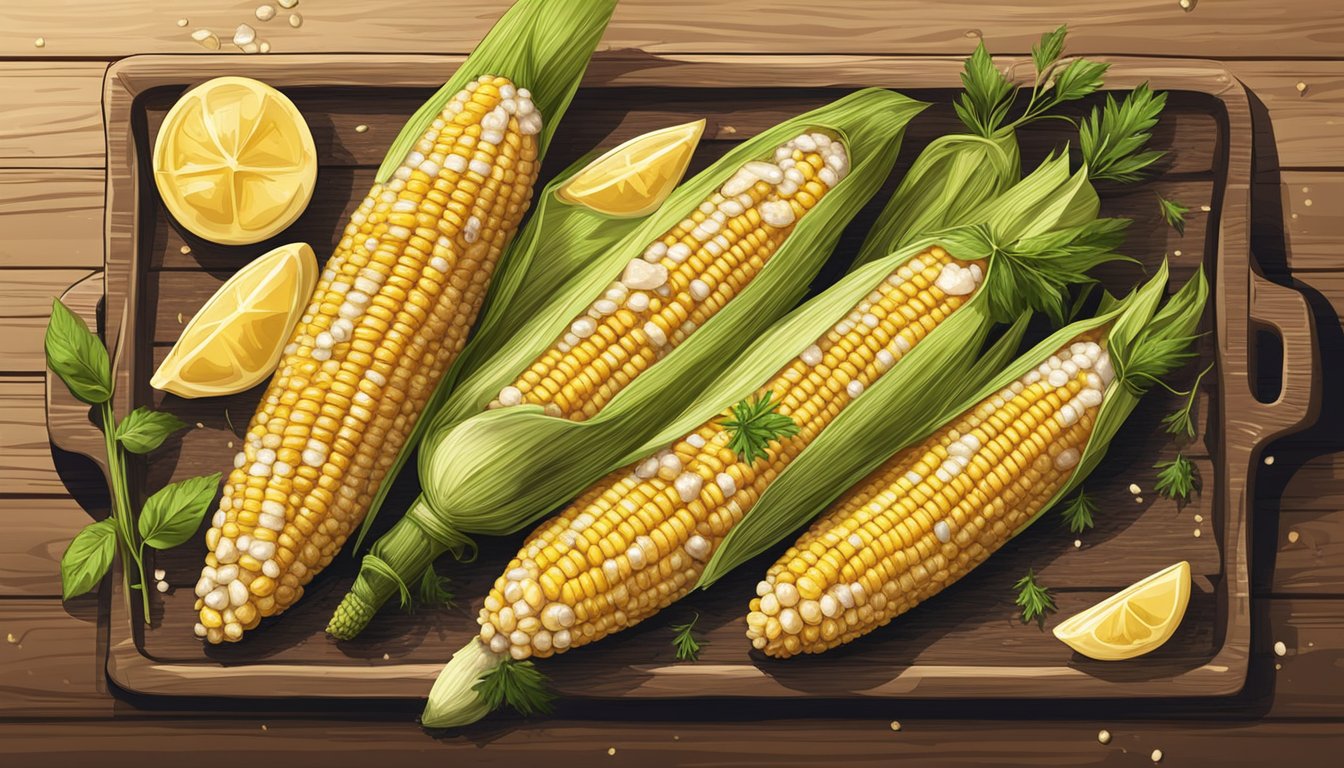 A grilled corn on the cob with melted butter and sprinkled with herbs on a rustic wooden serving platter