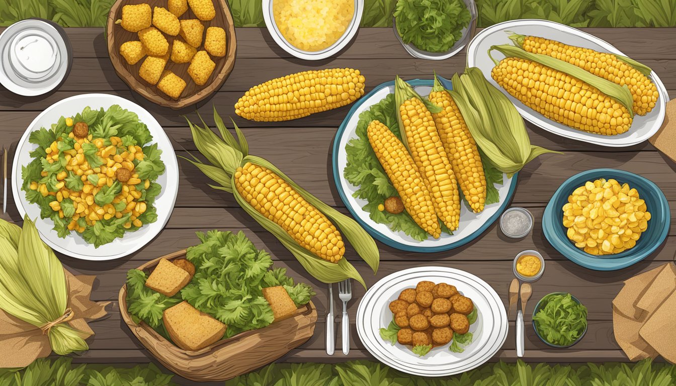 A rustic outdoor table set with various alternative corn dishes, including grilled corn on the cob, corn fritters, and corn salad