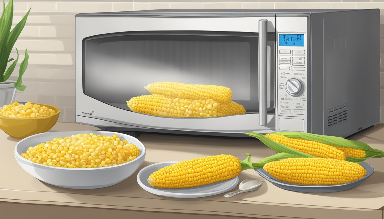 A cob of corn placed in a microwave next to a covered dish