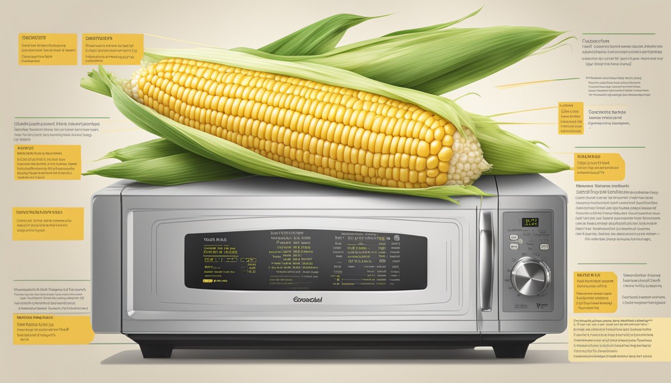 A corn on the cob rotating on a microwave turntable with a steam vented lid beside a printed nutritional information label