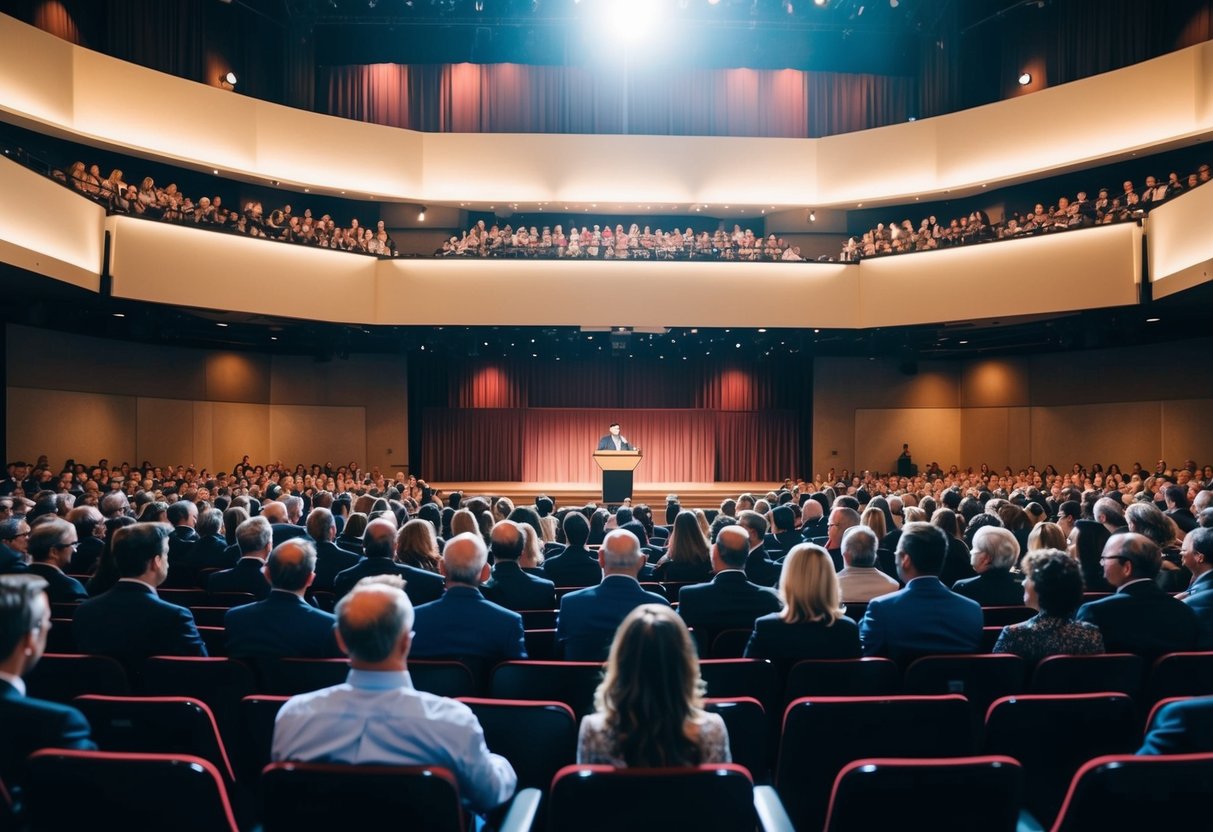 Um palco com um pódio, microfone e público em um grande auditório