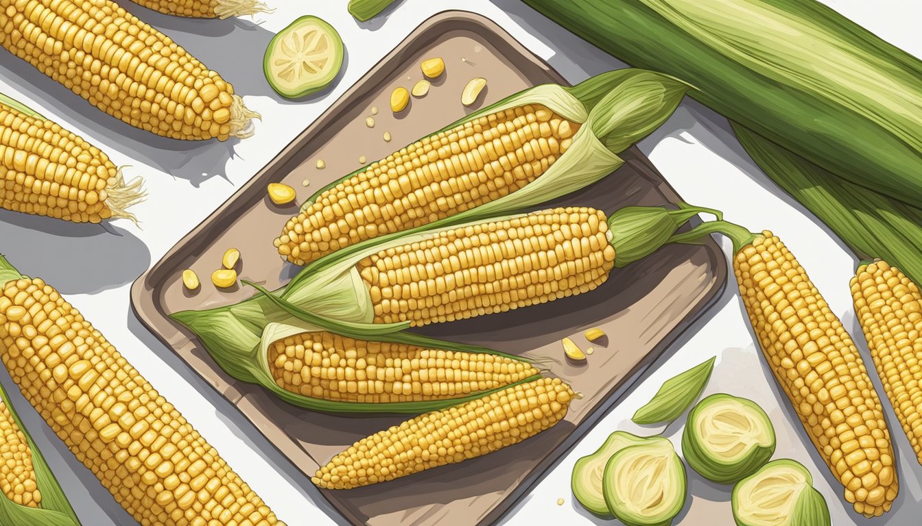 Fresh corn on the cob being shucked and kernels being carefully separated and spread out on a baking sheet before being placed in the freezer