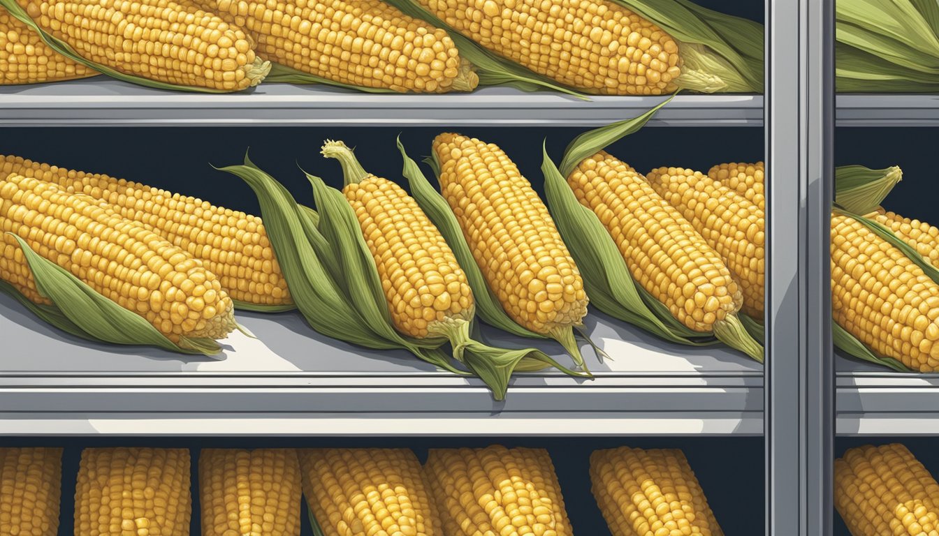 A hand reaching for a fresh ear of corn, with a pile of corn on the cob in the background, and a freezer door open