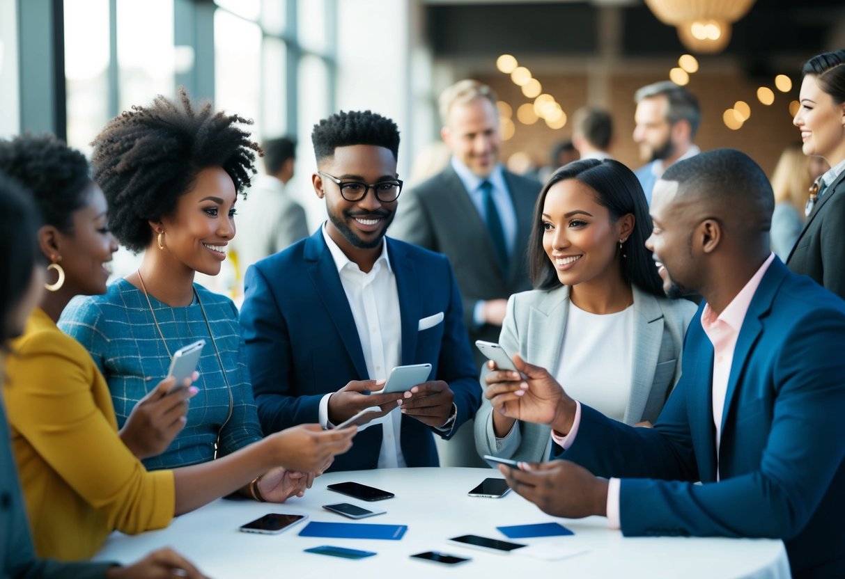 Um grupo de indivíduos diversos participa de uma conversa e troca informações de contato em um evento de networking, com foco na construção de relacionamentos e na criação de uma marca pessoal.