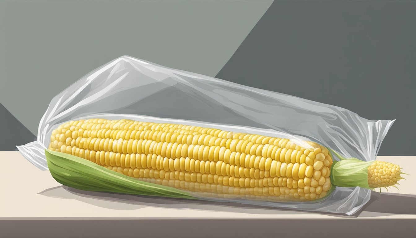 Fresh corn on the cob being carefully wrapped in plastic wrap and placed in a freezer