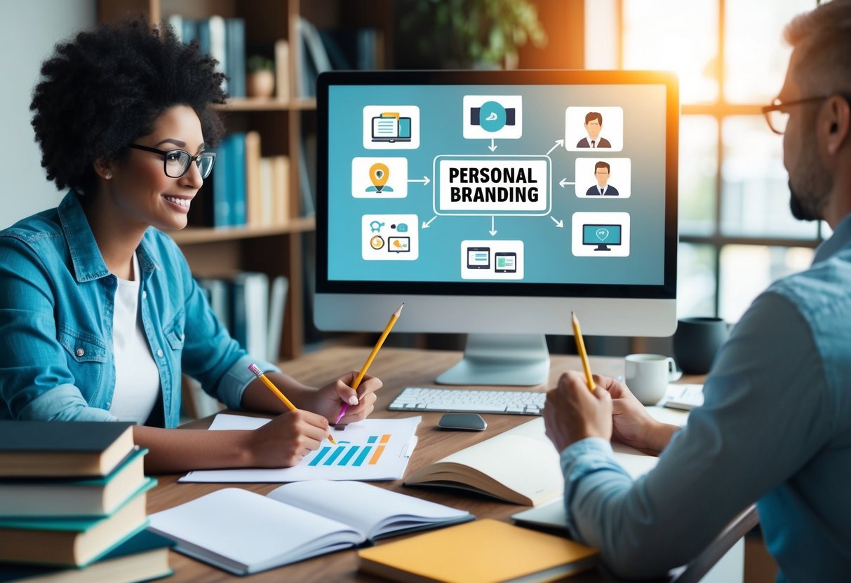 Uma pessoa fazendo um brainstorm com um lápis e papel, cercada por livros e um computador, enquanto olha para exemplos de branding pessoal na tela.