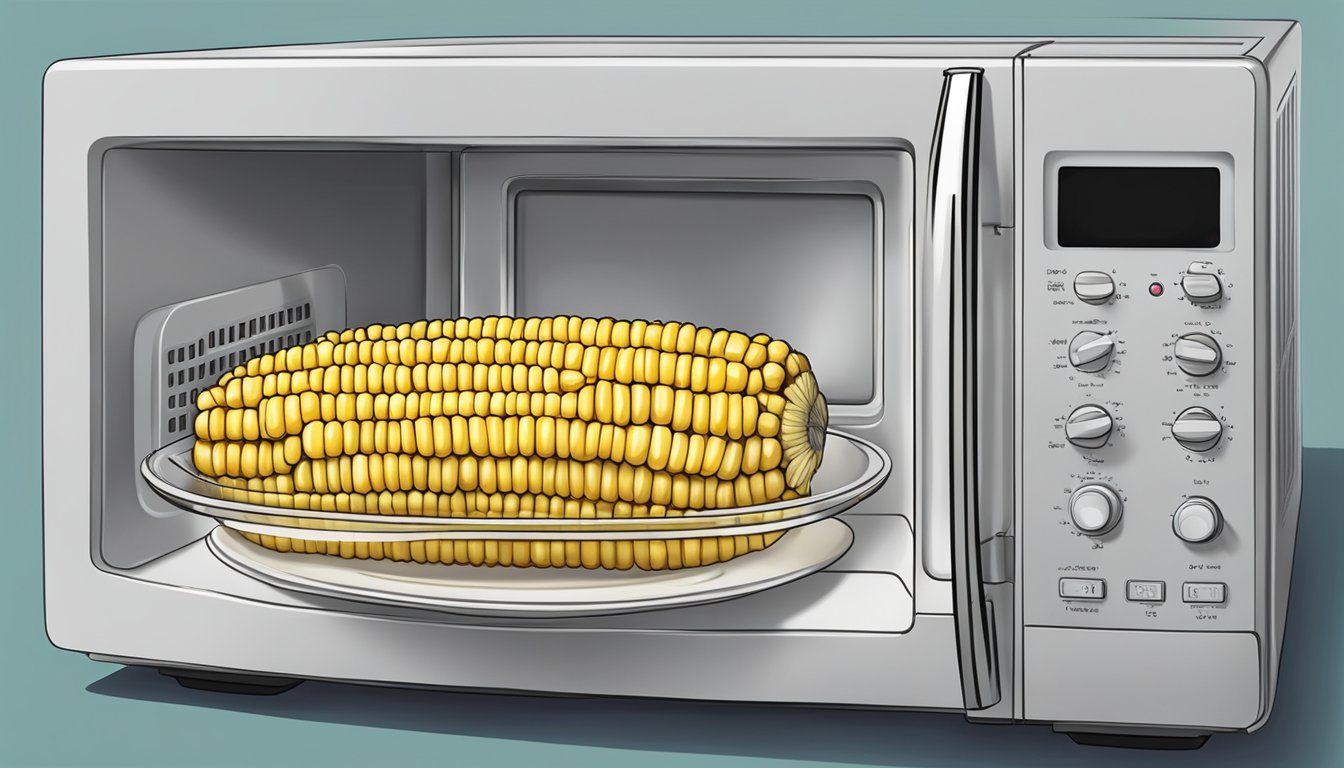 A microwave with a plate of leftover corn on the cob covered with a microwave-safe lid, ready for storage