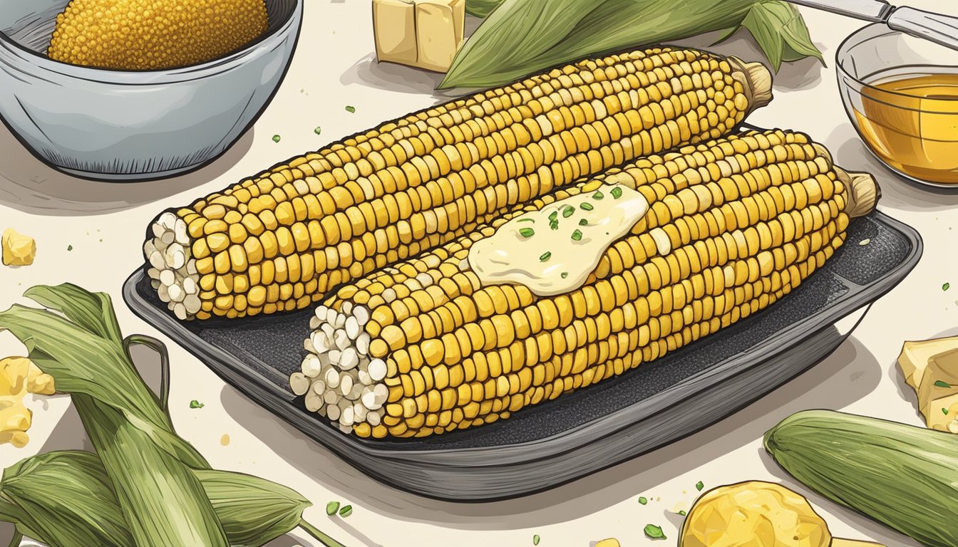 A cob of corn being brushed with butter and sprinkled with seasoning and toppings before being grilled