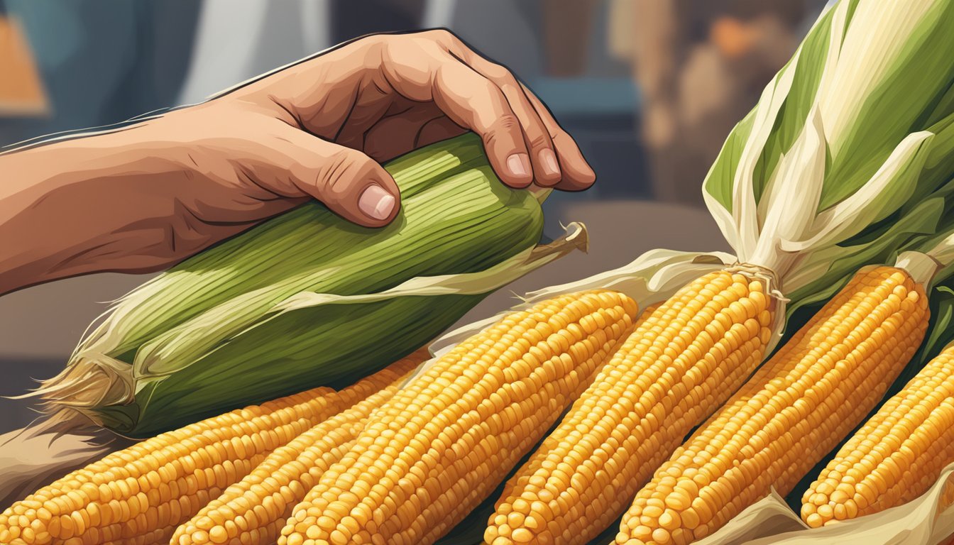 A hand reaching for a fresh ear of corn from a pile at a market stand