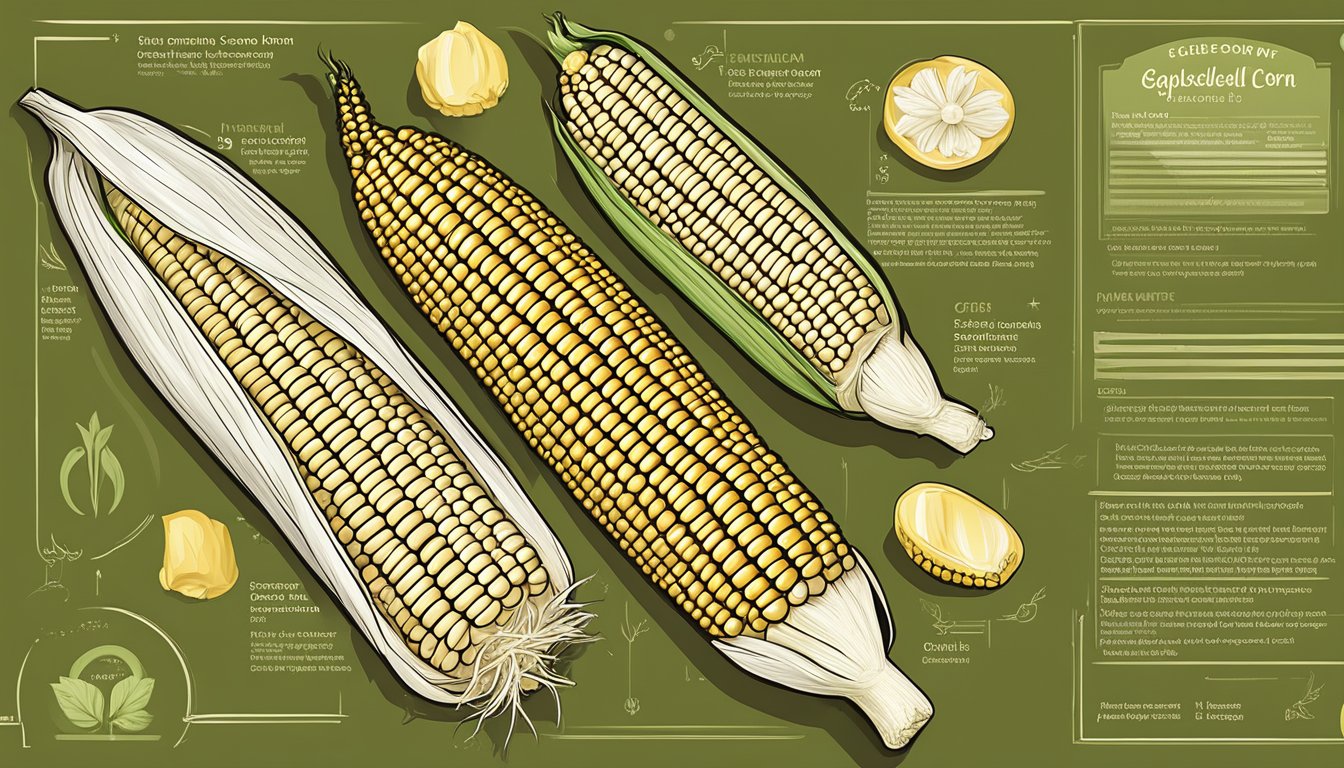 Fresh corn on the cob with husk partially peeled, showcasing its plump golden kernels. A nutrition label and icons representing health benefits hover in the background