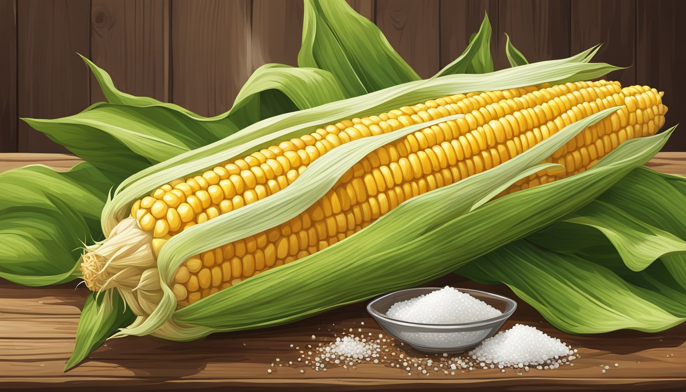 A steaming ear of corn on the cob sits on a rustic wooden table, surrounded by vibrant green husks and a sprinkling of sea salt