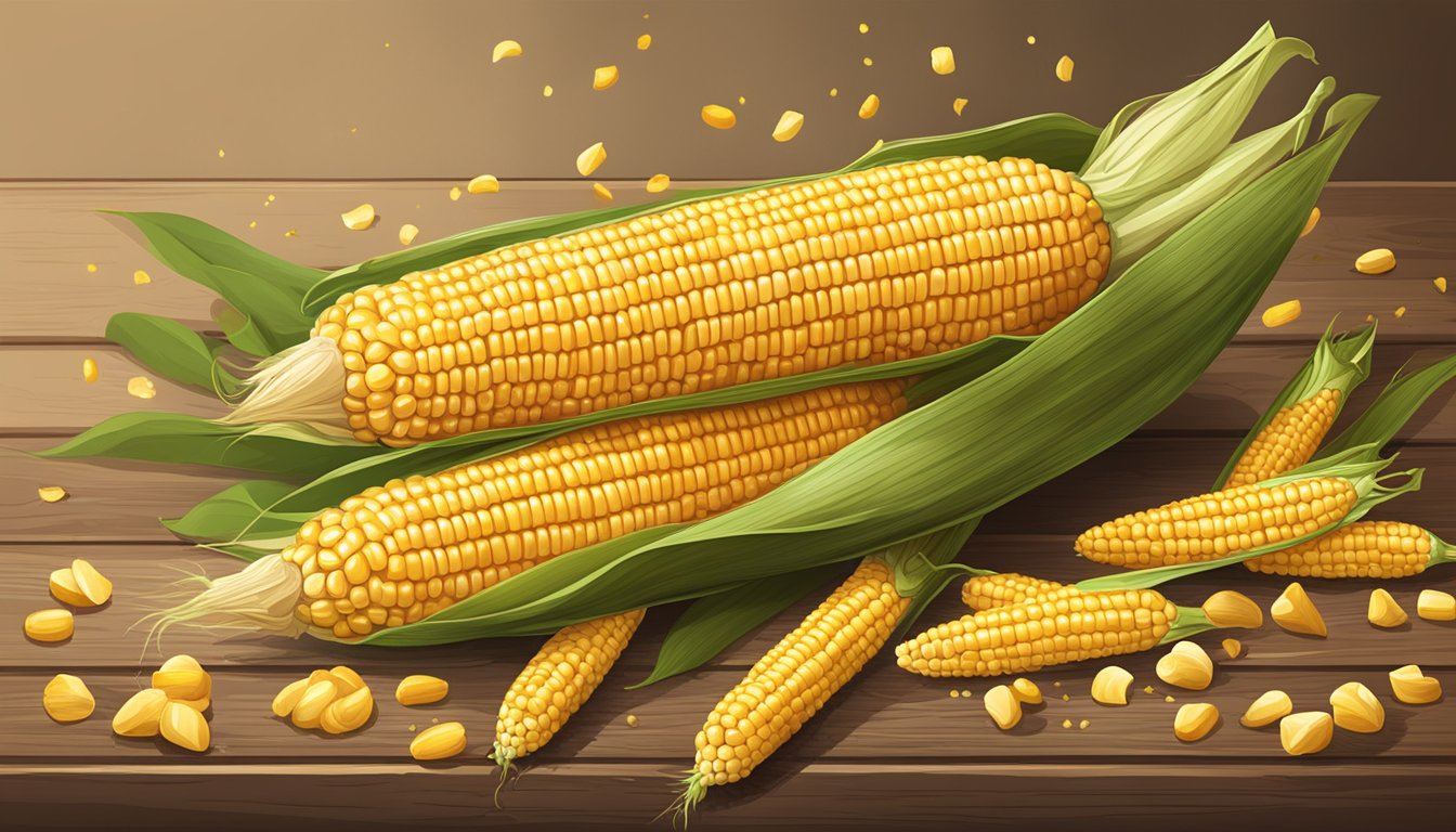 A golden ear of corn sits on a rustic wooden table, surrounded by scattered kernels and a husk