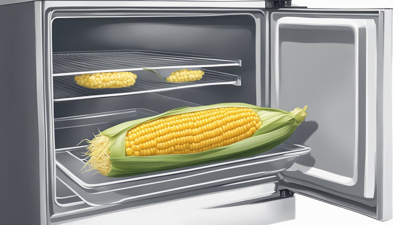 A container of leftover corn on the cob being quickly stored in the refrigerator