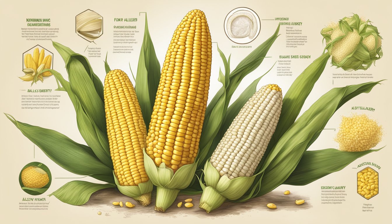 An old ear of corn on the cob with visible signs of decay, surrounded by caution signs for food safety and allergy warnings