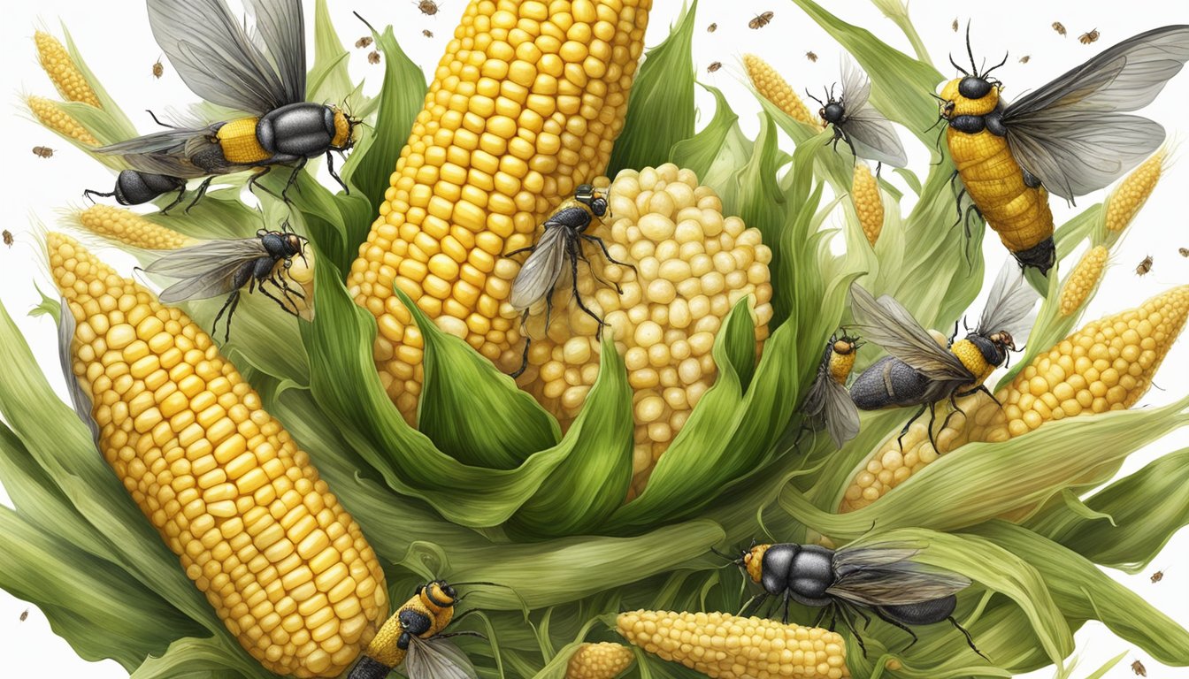 Rotten corn on the cob surrounded by flies and emitting a foul odor