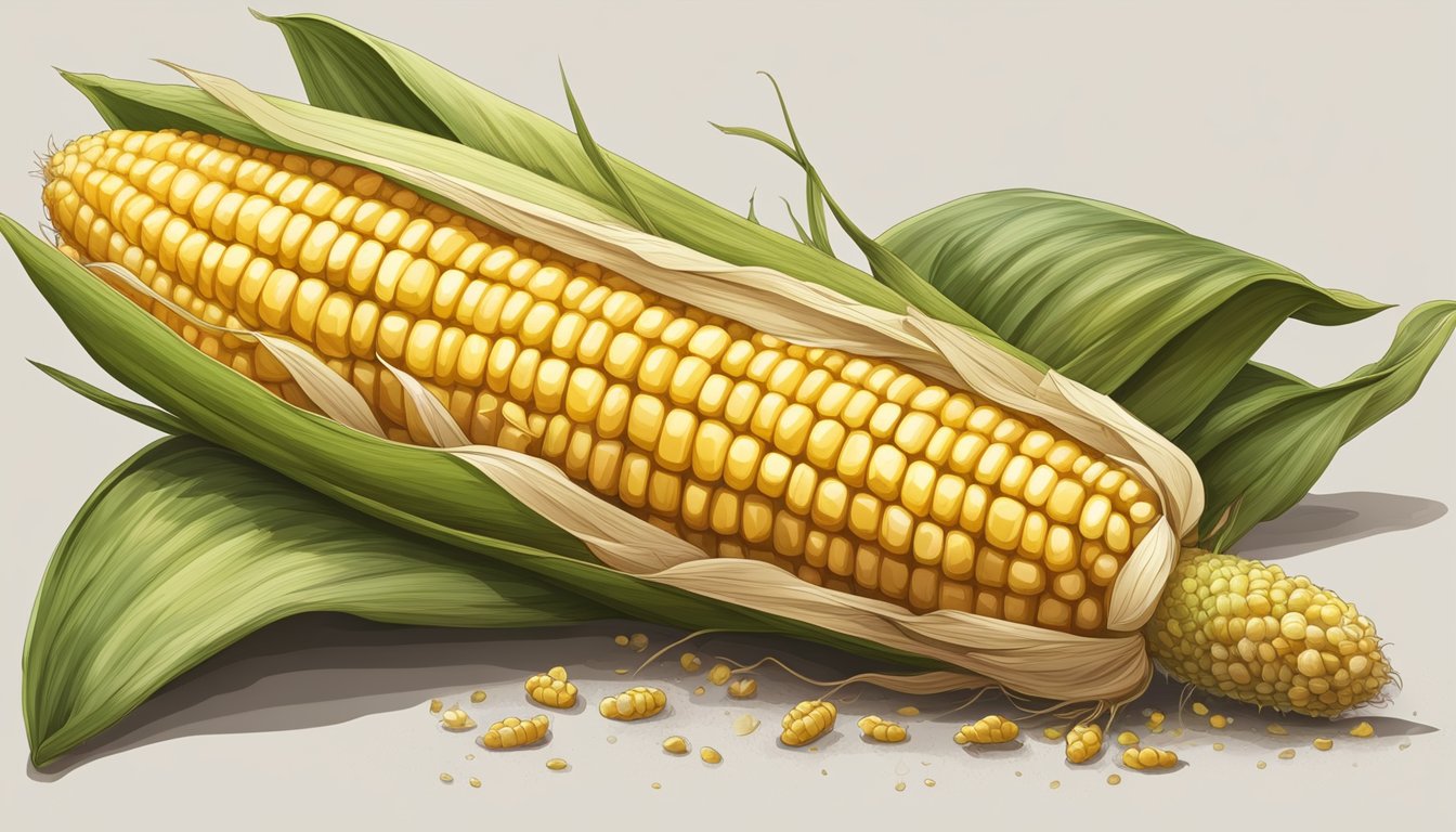 A ripe ear of corn on the cob, withered and infested with pests and disease