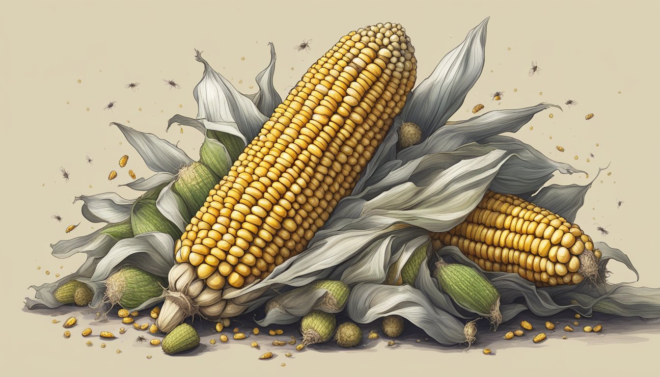 A pile of rotten corn on the cob surrounded by flies and moldy husks