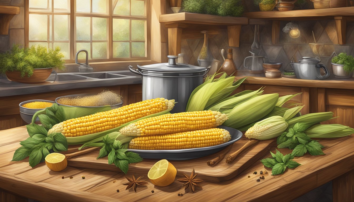 A rustic kitchen table with a steaming ear of corn on the cob, surrounded by various herbs and spices