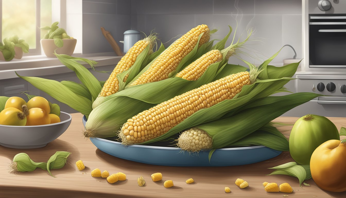 A pile of moldy and discolored corn on the cob sits on a kitchen counter, surrounded by fruit flies