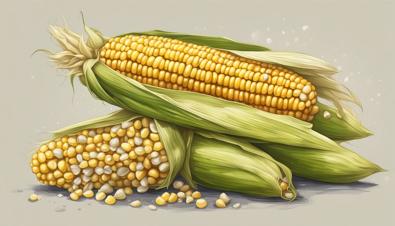 Rotten corn on the cob with mold and discolored kernels