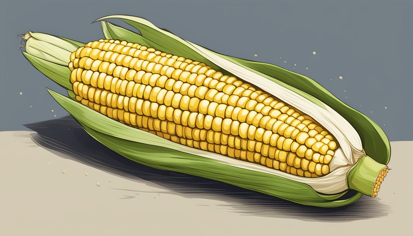 A fresh ear of corn on the cob with husk partially peeled back, revealing kernels