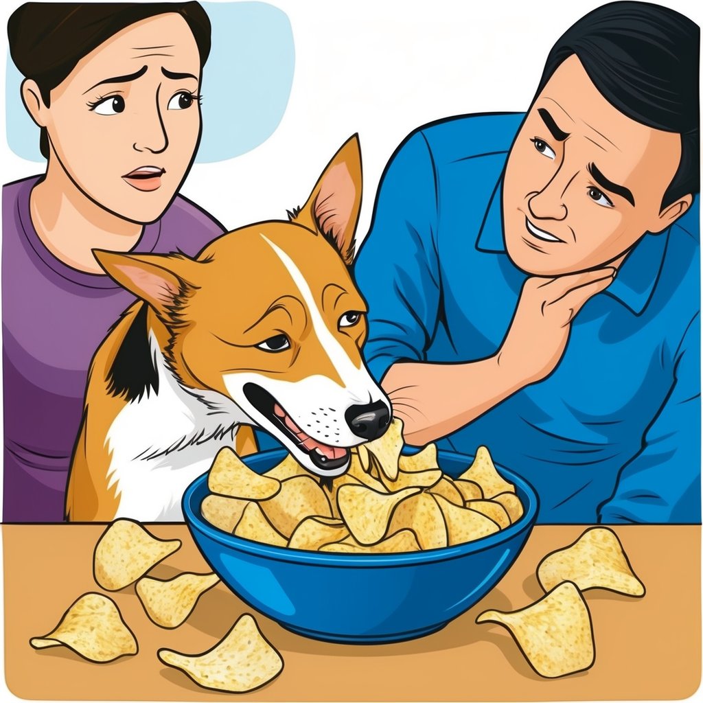 A dog eagerly eating from a bowl of salty chips, with a concerned owner looking on. The dog's body language shows discomfort and thirst