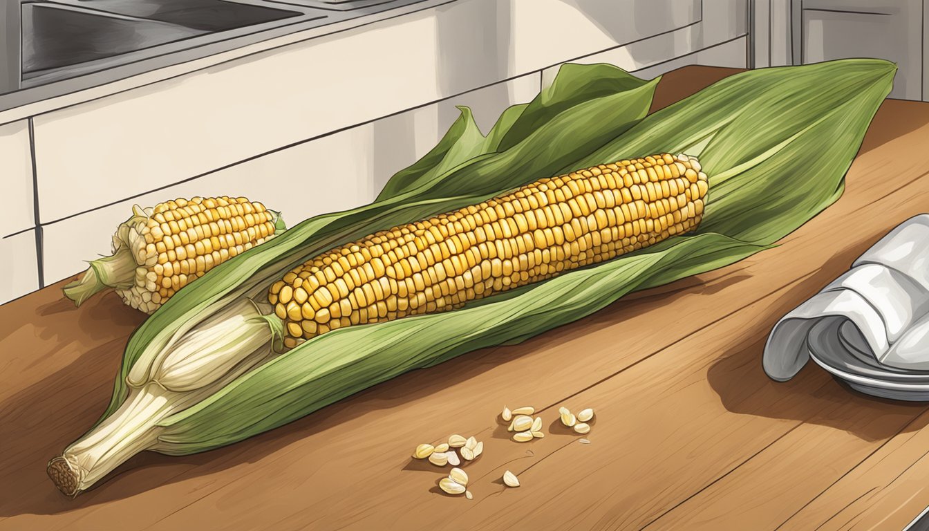 A slightly wilted corn on the cob with dry husks, sitting on a kitchen counter