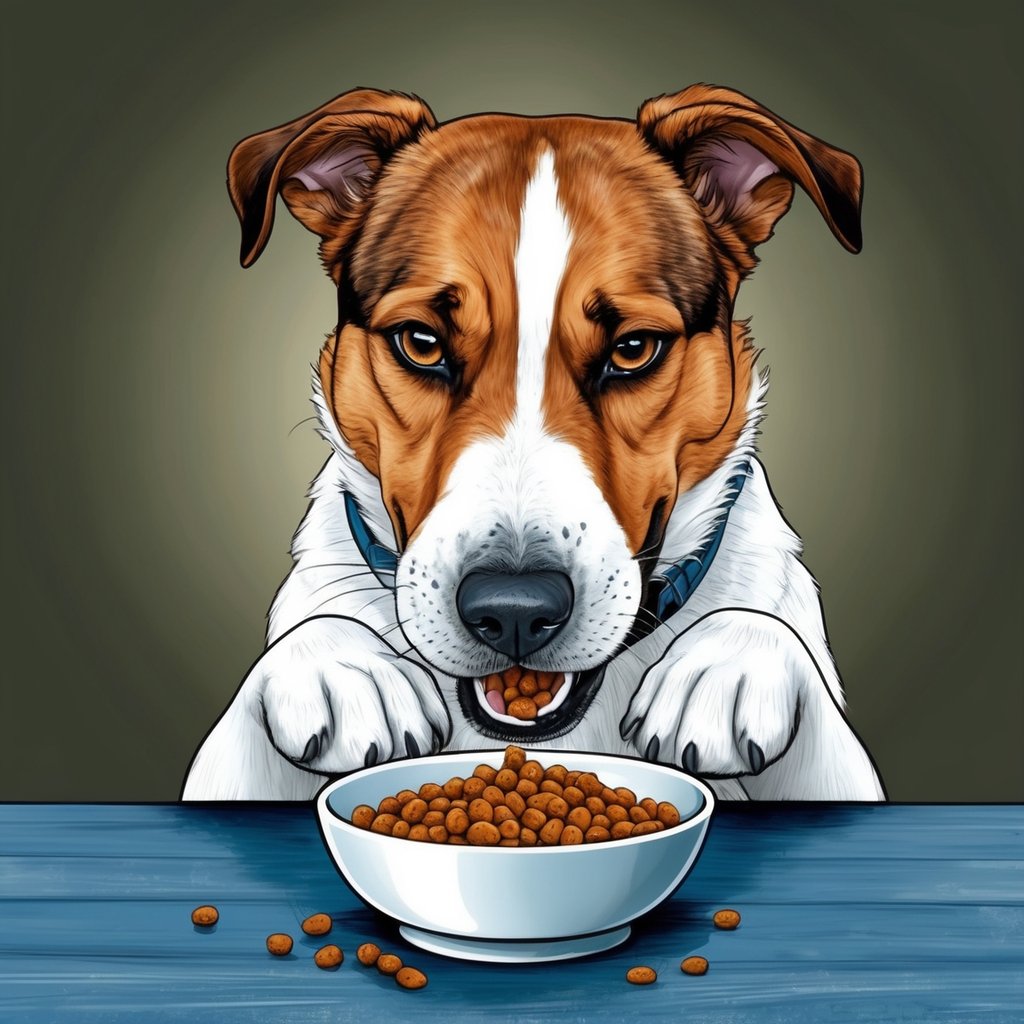 A dog eagerly eating from a bowl of salty food, with a distressed expression and panting heavily