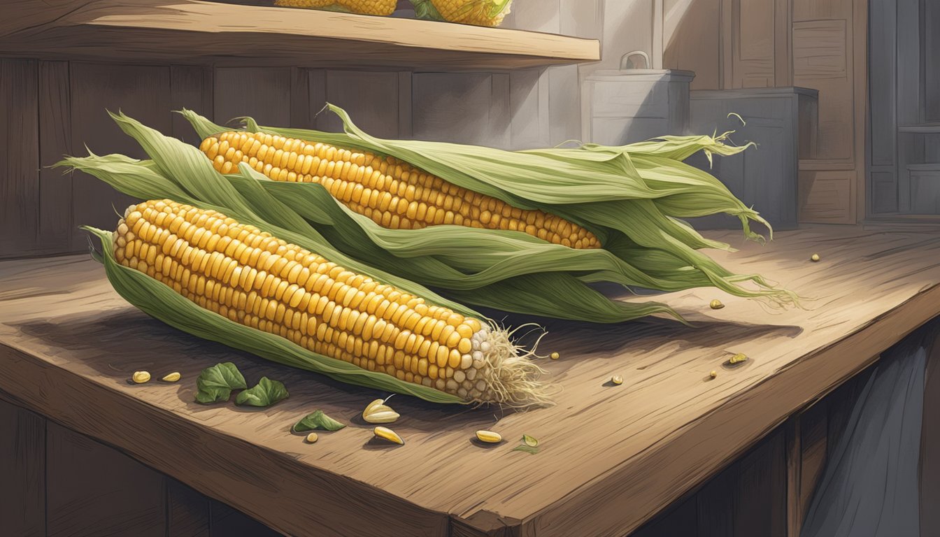 A moldy, shriveled corn cob sits on a dusty shelf, surrounded by expired produce