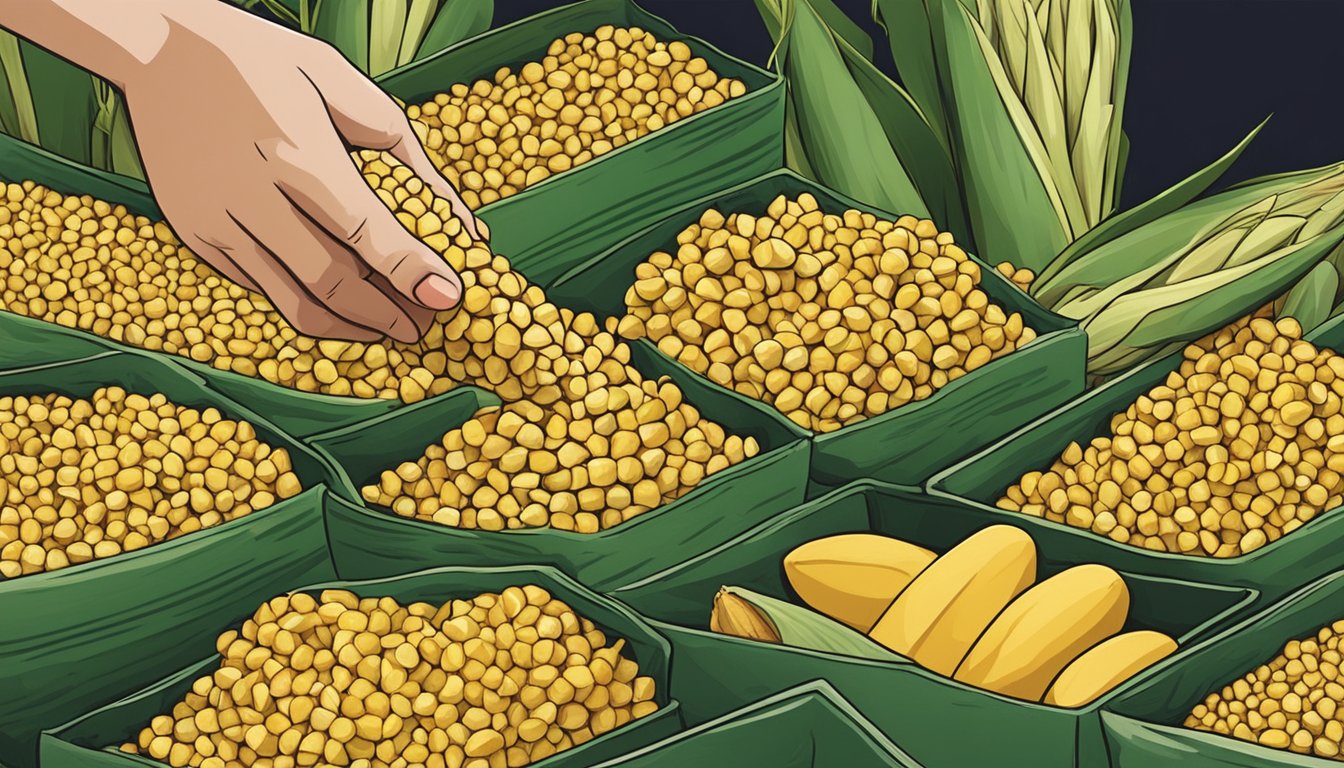 A hand selecting a fresh ear of corn from a pile at a farmer's market