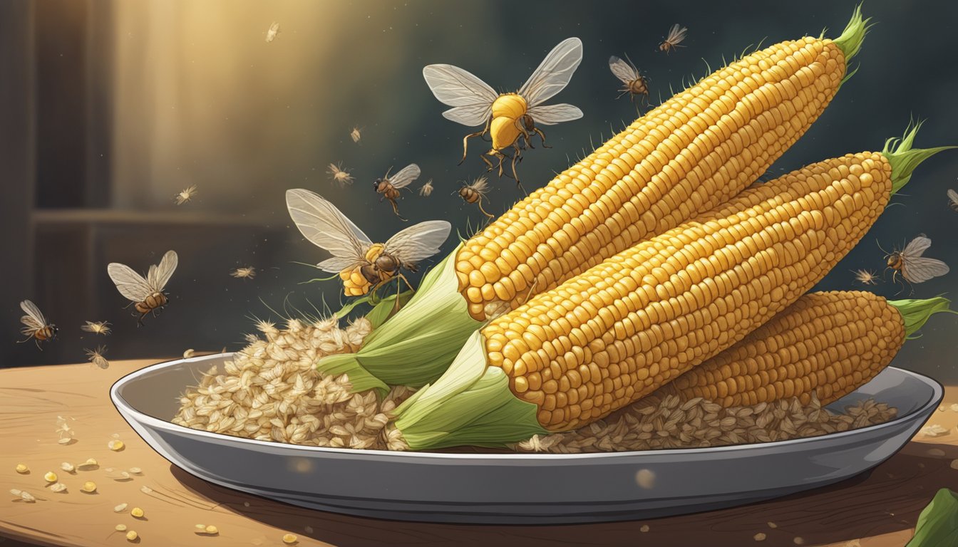 A cob of corn sits on a plate, surrounded by a halo of flies. The kernels are starting to shrivel, and a faint odor of decay lingers in the air